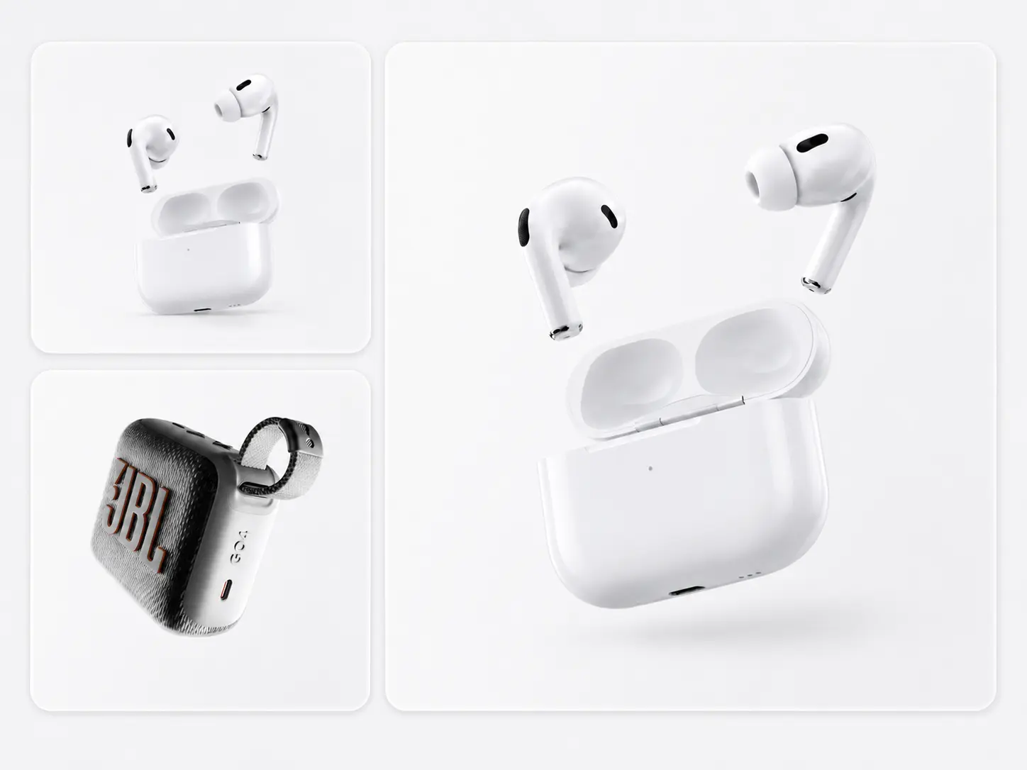 White wireless earbuds and their charging case arranged in clean ecommerce product compositions.
