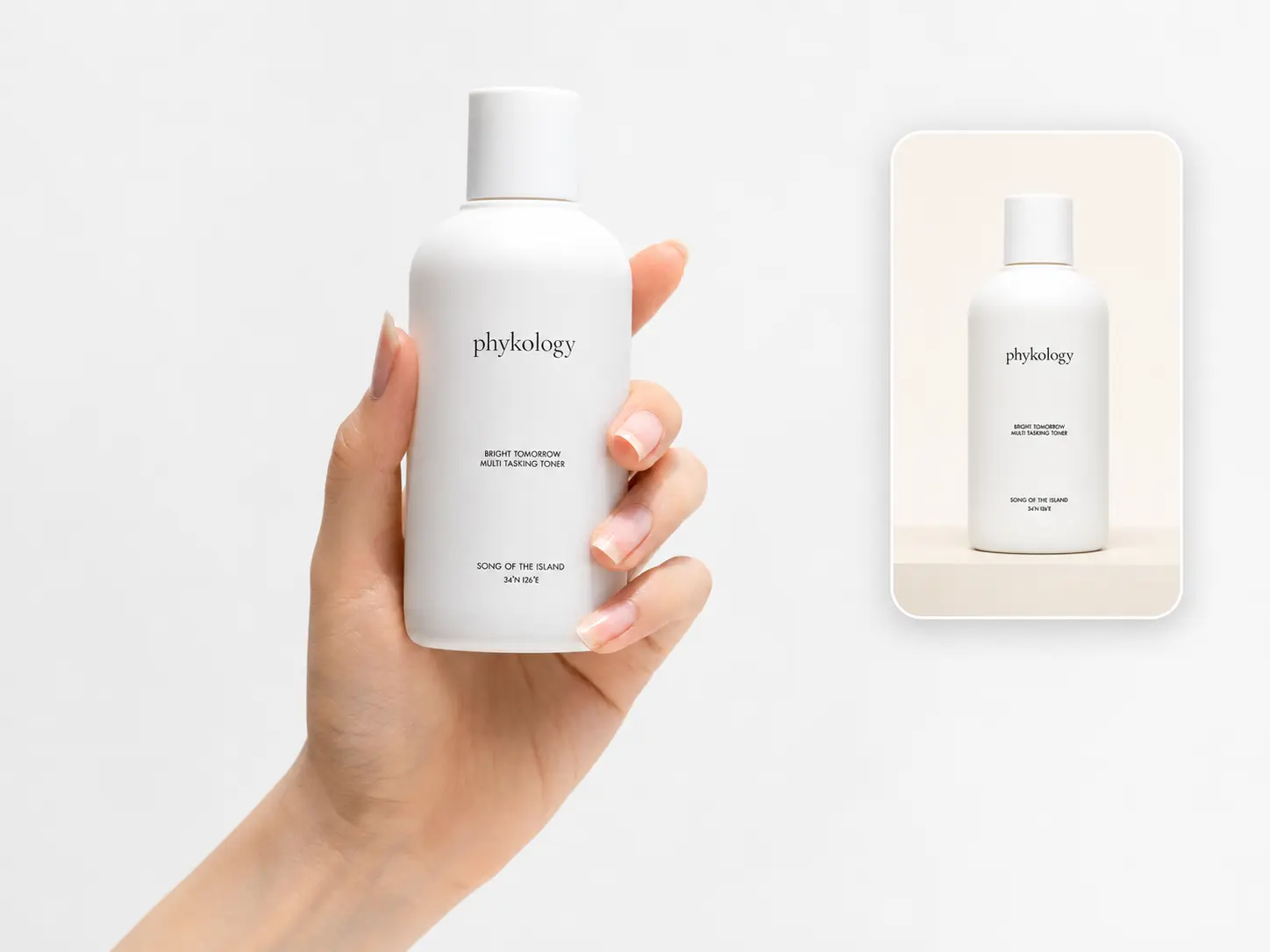 A hand holding a white skincare bottle beside a minimal studio product shot.