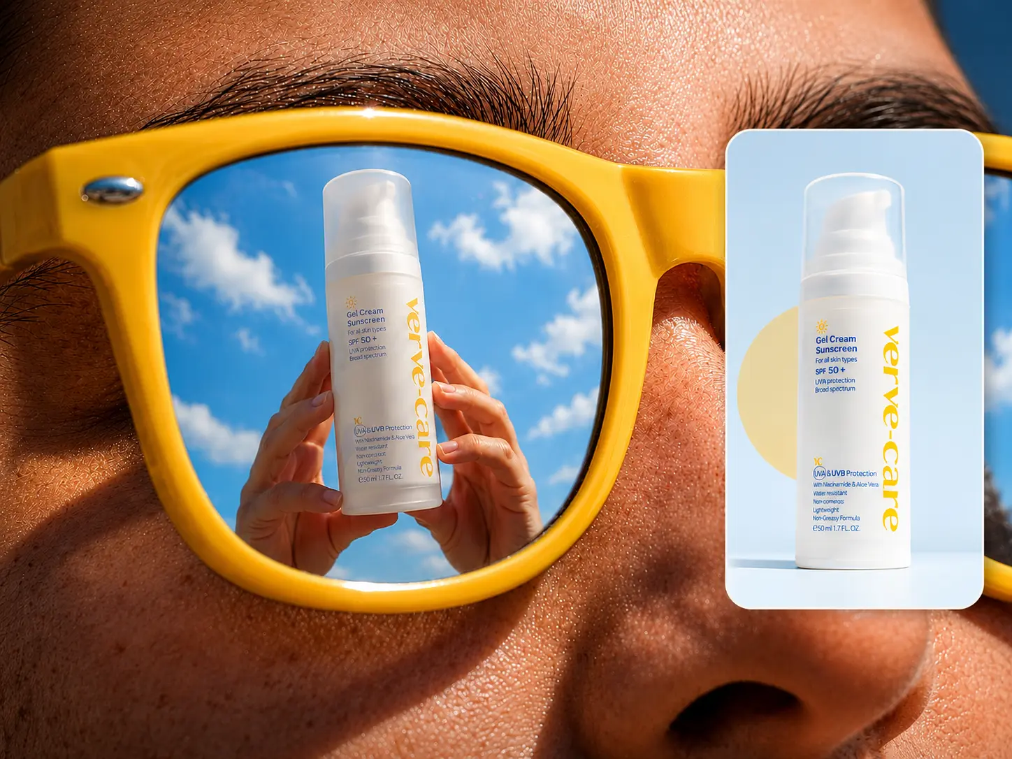 A sunscreen bottle reflected in yellow sunglasses in a colorful campaign product photo.