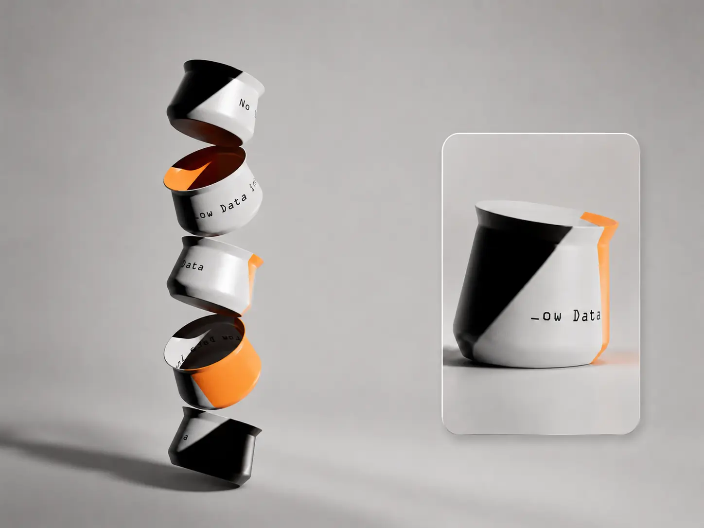 Black, white, and orange product packaging balanced in a sculptural studio composition.