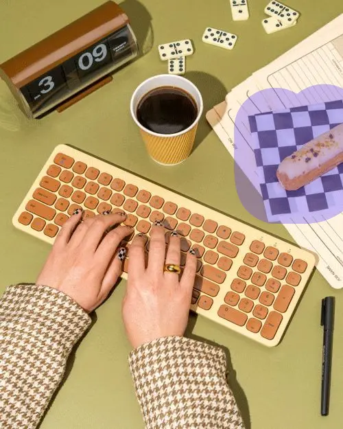 Desk scene with a pastry marked for removal