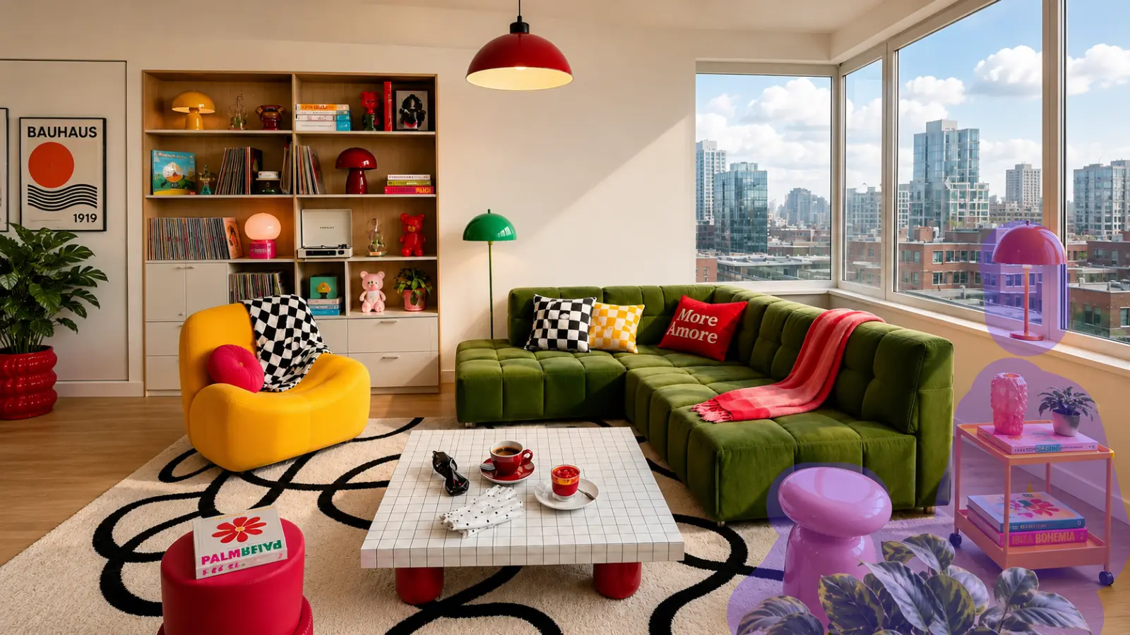 Living room with several decorative objects marked for removal