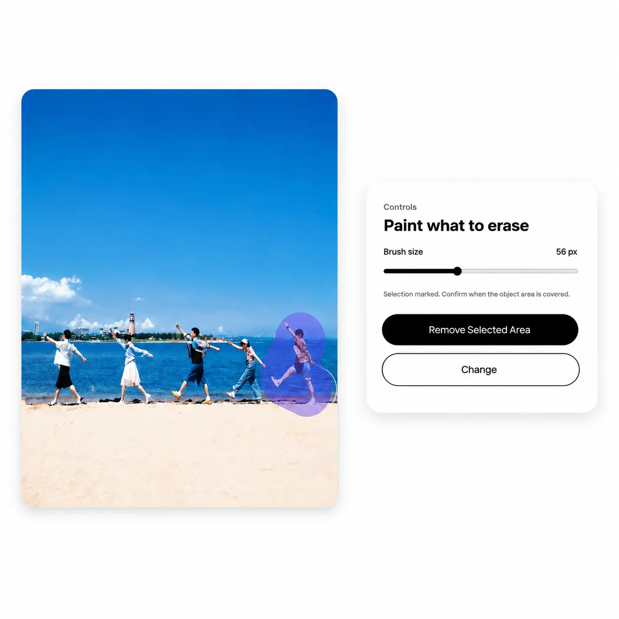 Adjustable brush marking a person in a beach photo