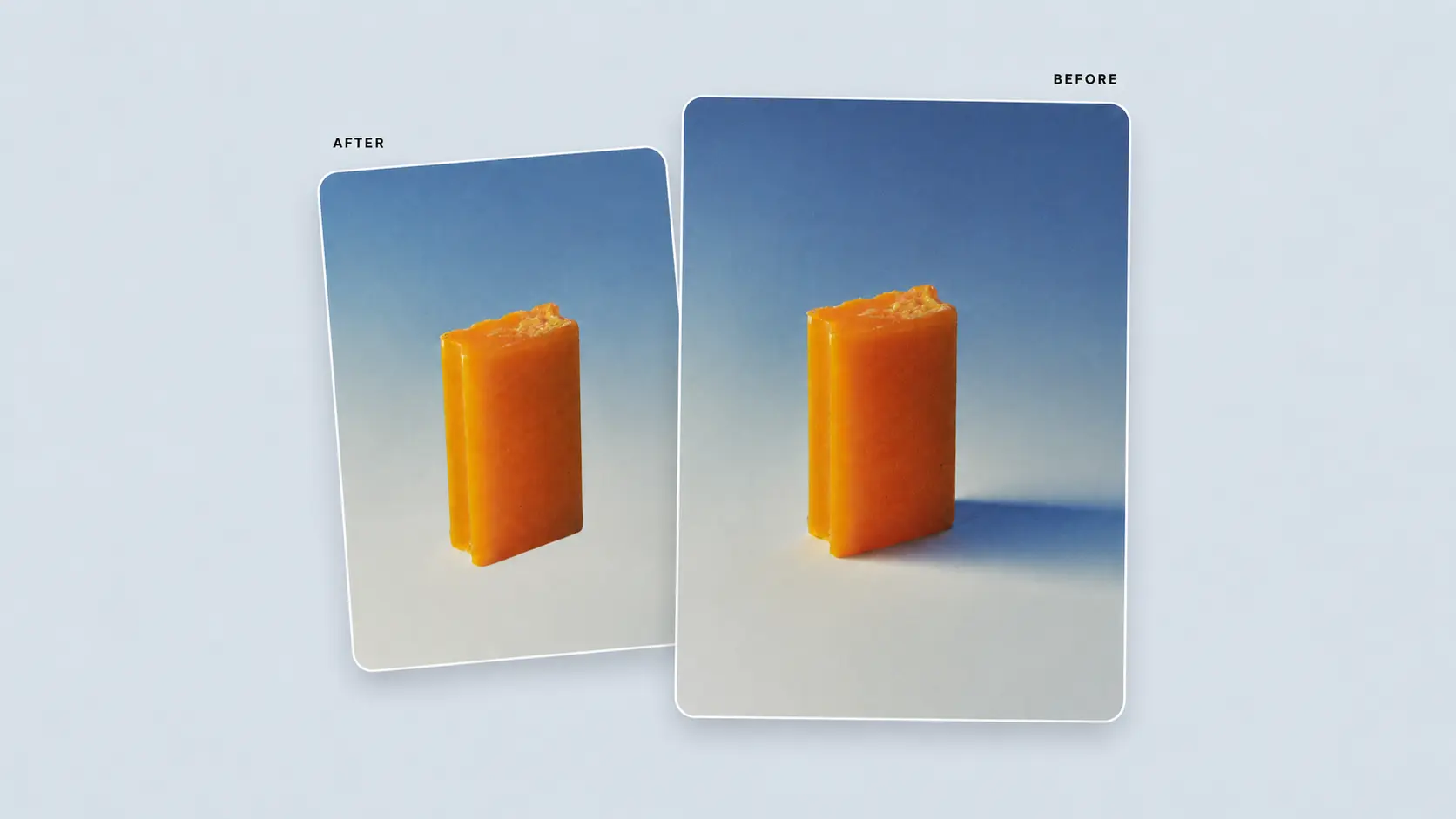 Side-by-side product photo comparison demonstrating an AI-generated shadow on an orange soap bar.