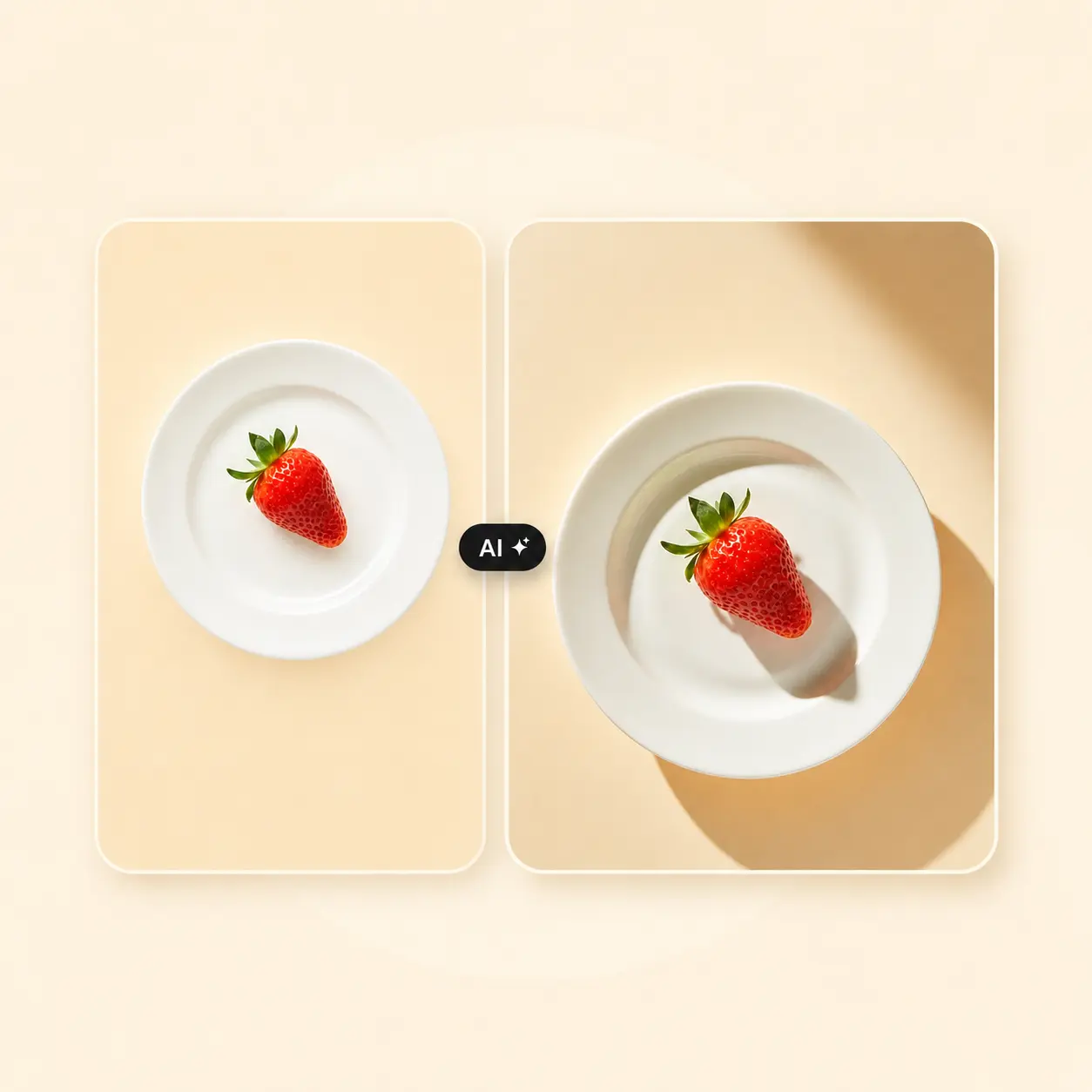 Before and after comparison of a strawberry product photo with an AI-generated shadow.