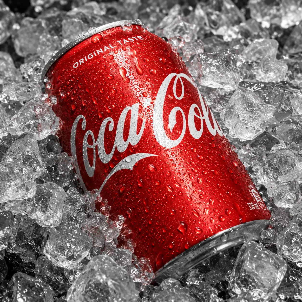 The same red soda can with sharper droplets and ice detail.