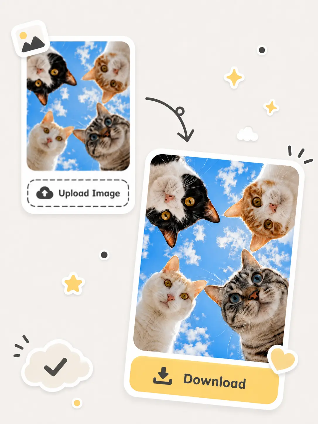 An illustrated upload-to-download image enhancement workflow using a cat photo.