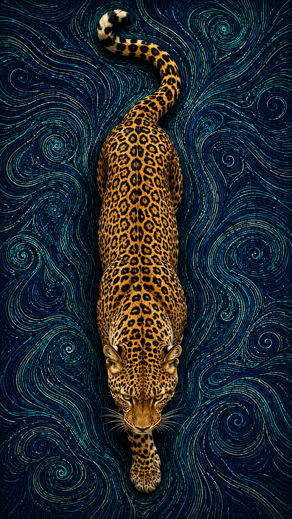 A leopard walking across a dark blue field of swirling lines.
