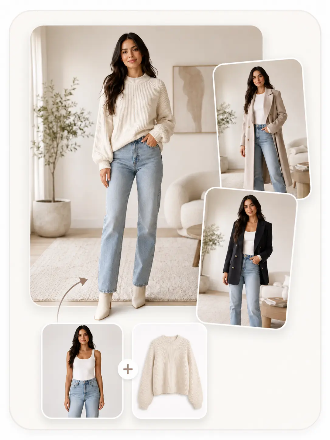 Same model photographed once, dressed in the uploaded garment.
