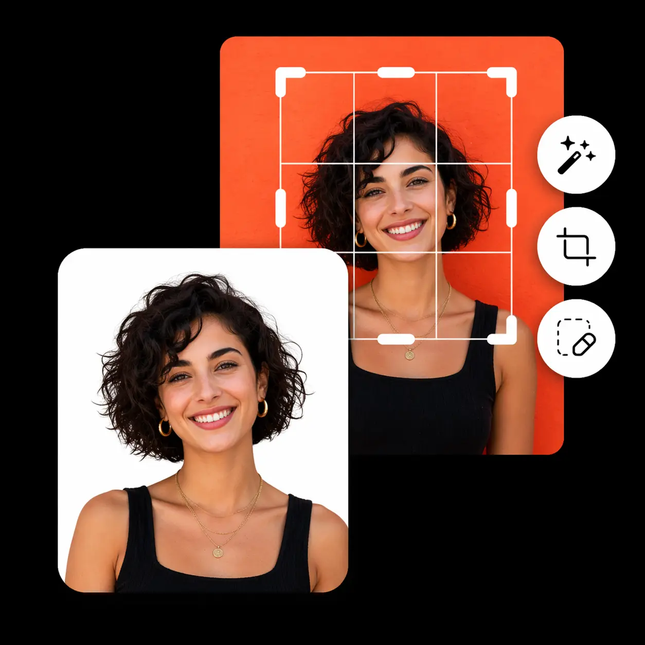 Before and after portrait workflow showing AI tools creating a clean white-background result.
