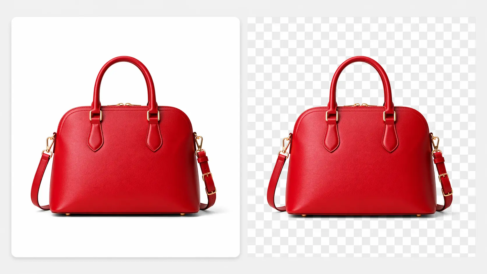 Red handbag comparison showing a finished white-background image beside a transparent cutout.