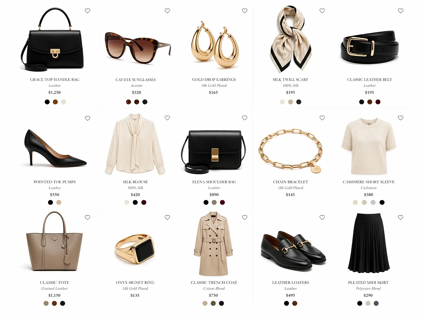 Marketplace product grid showing accessories presented on consistent white backgrounds.