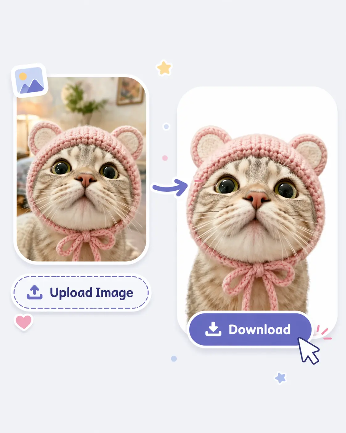 Upload and download workflow showing a subject moved from the original photo to a clean white background.
