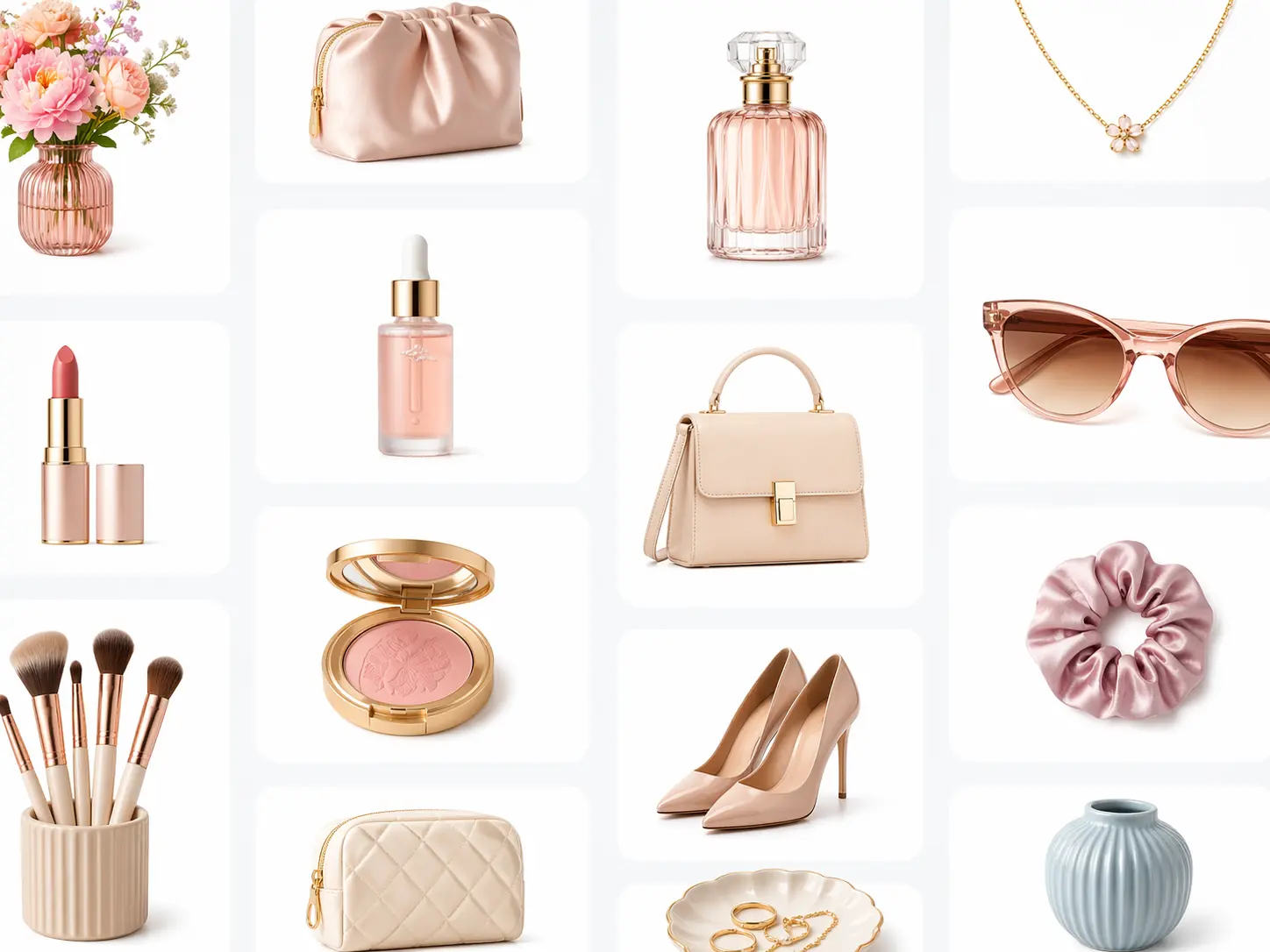 Catalog grid of beauty and accessory products on consistent white cards.