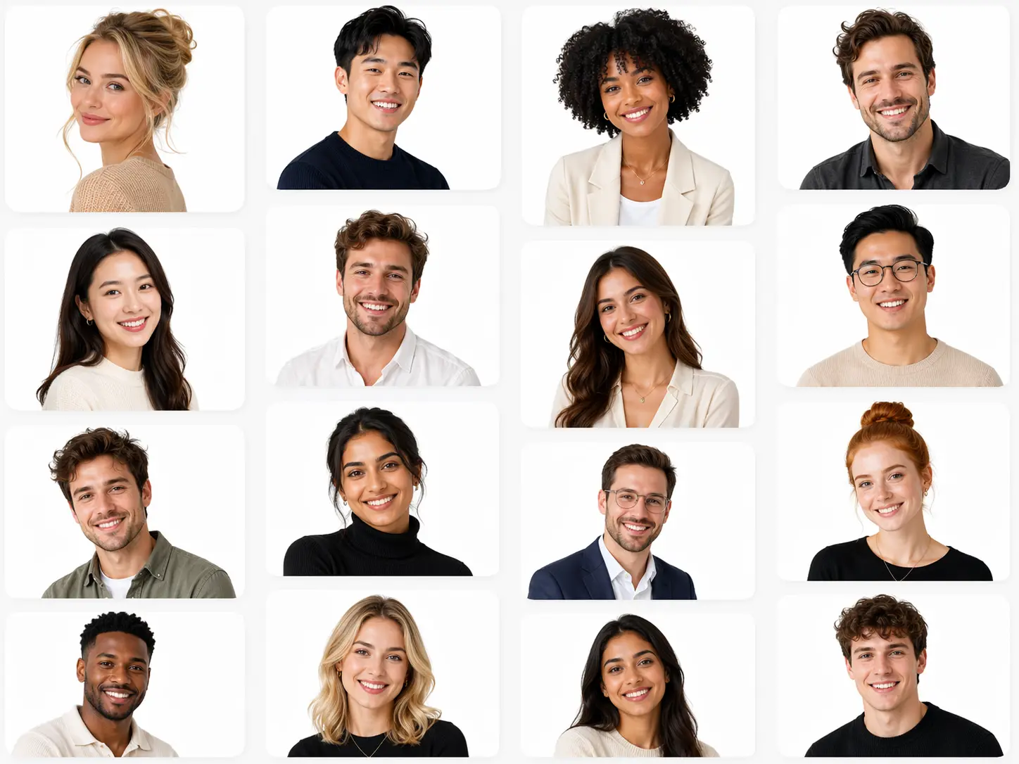 Portrait grid showing profile photos prepared with clean white backgrounds.