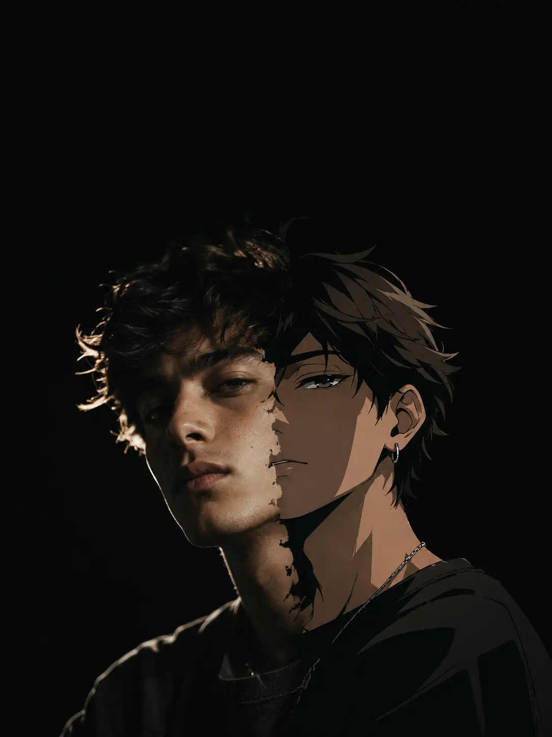 Portrait split between a real person and an anime-style character.