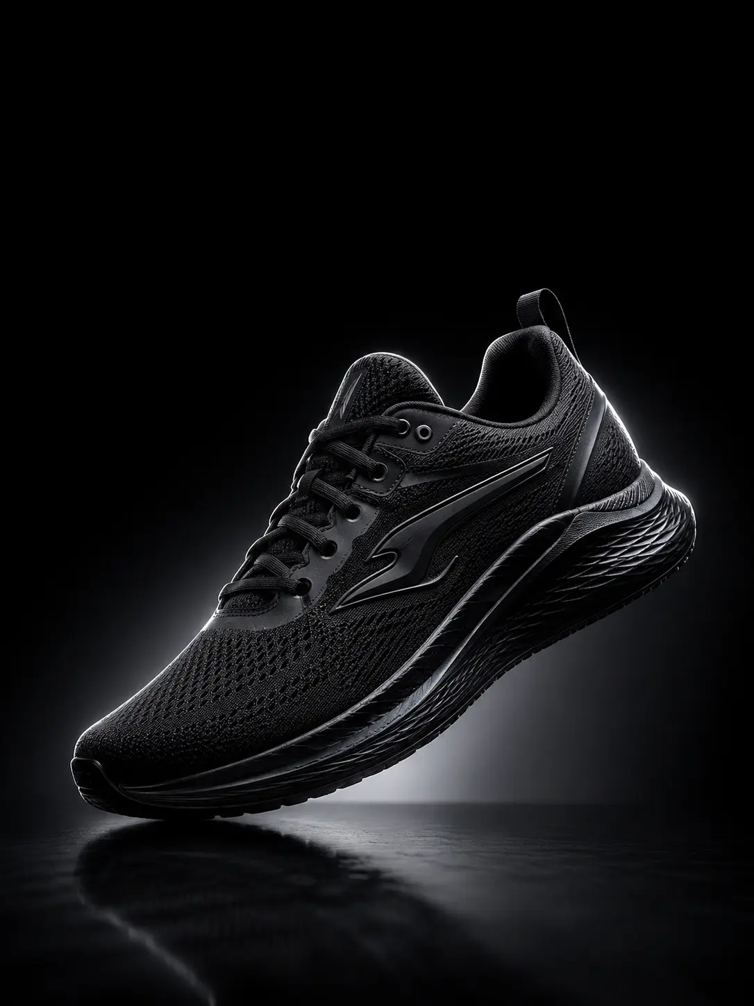 Black athletic shoe staged as a polished product image.