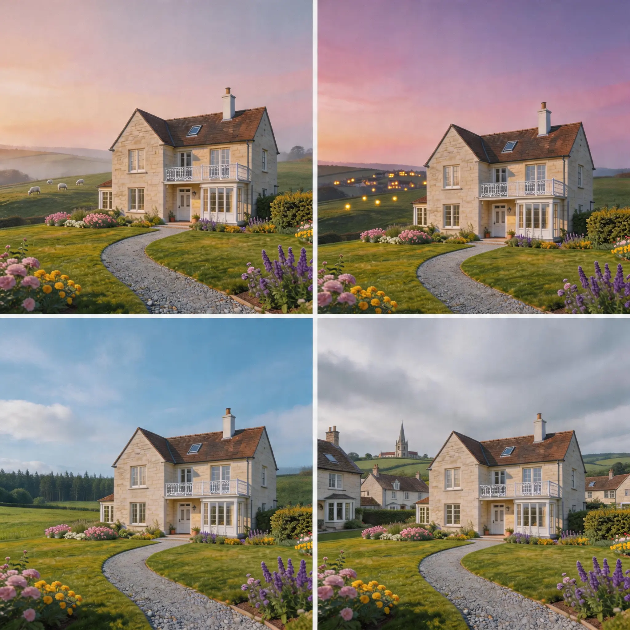 Property cutout shown across four alternate marketing scenes.