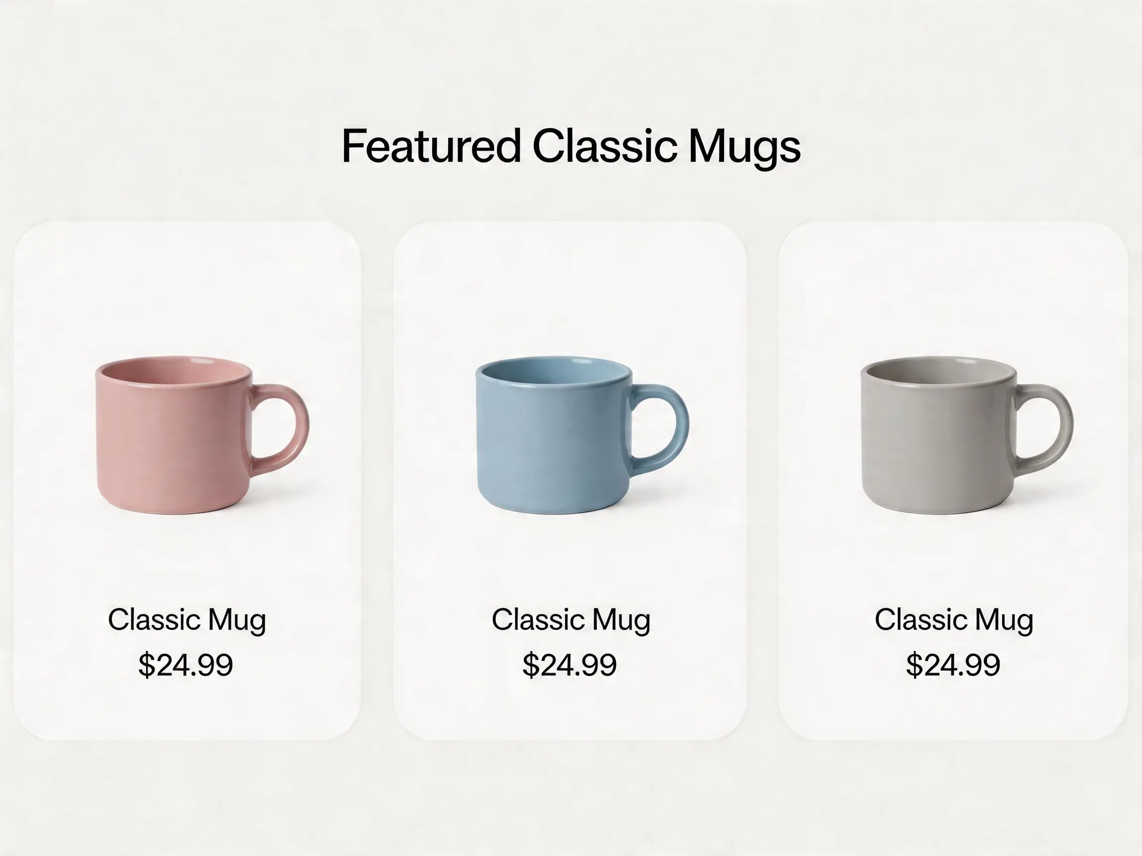 Three classic mugs arranged as an ecommerce product lineup for storefront presentation.