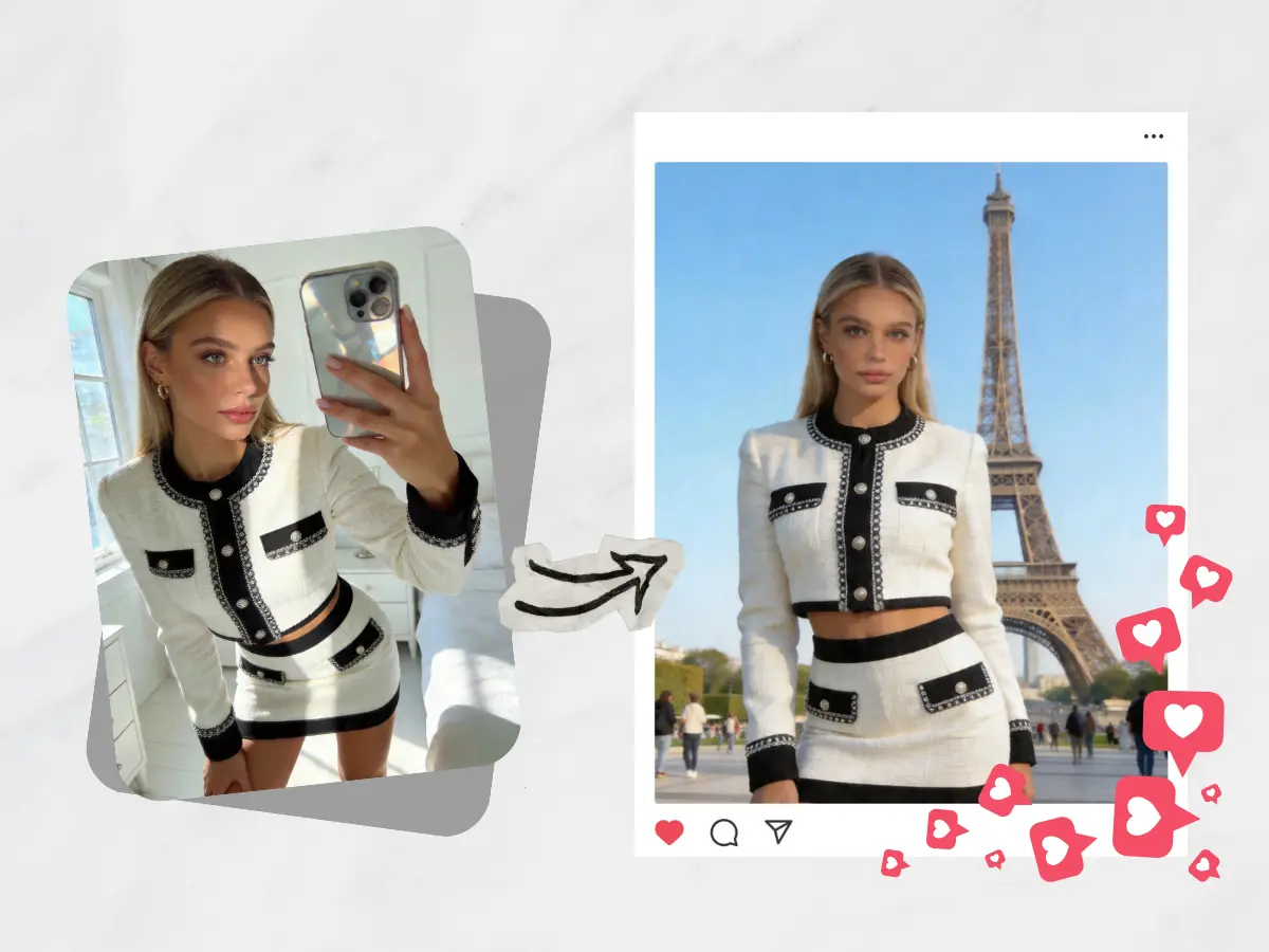 Creator selfie turned into a social post composition with engagement icons for digital content workflows.