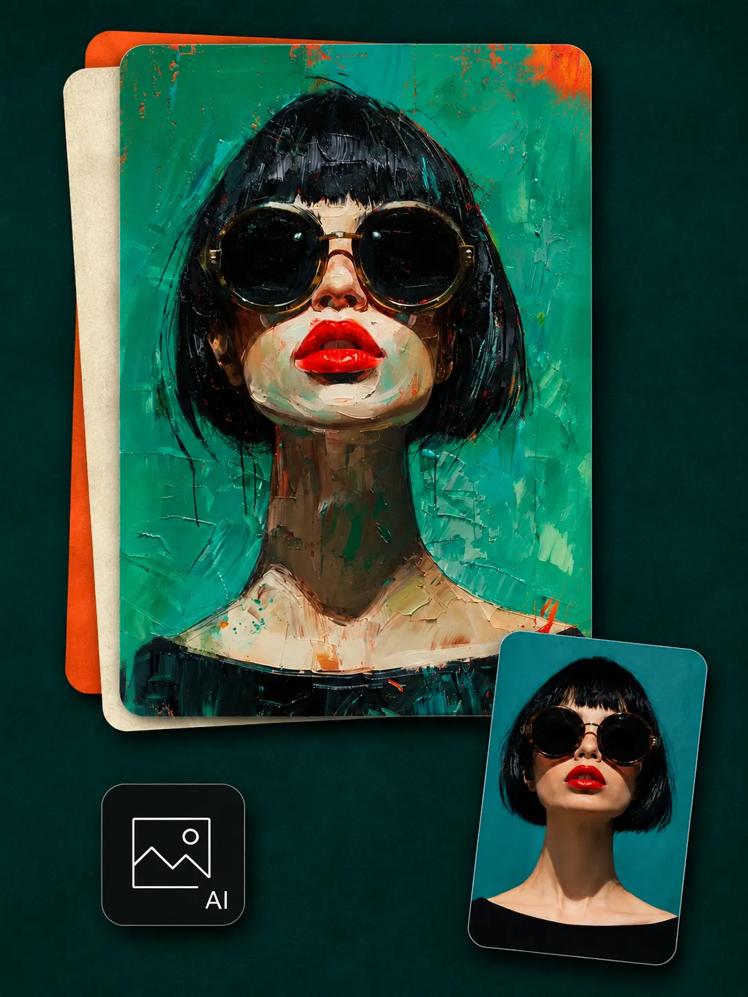 AI art transformation example showing a portrait photo beside a bold painted result.