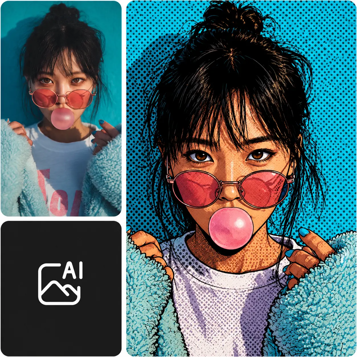 Before-and-after comic art transformation of a woman blowing bubble gum.