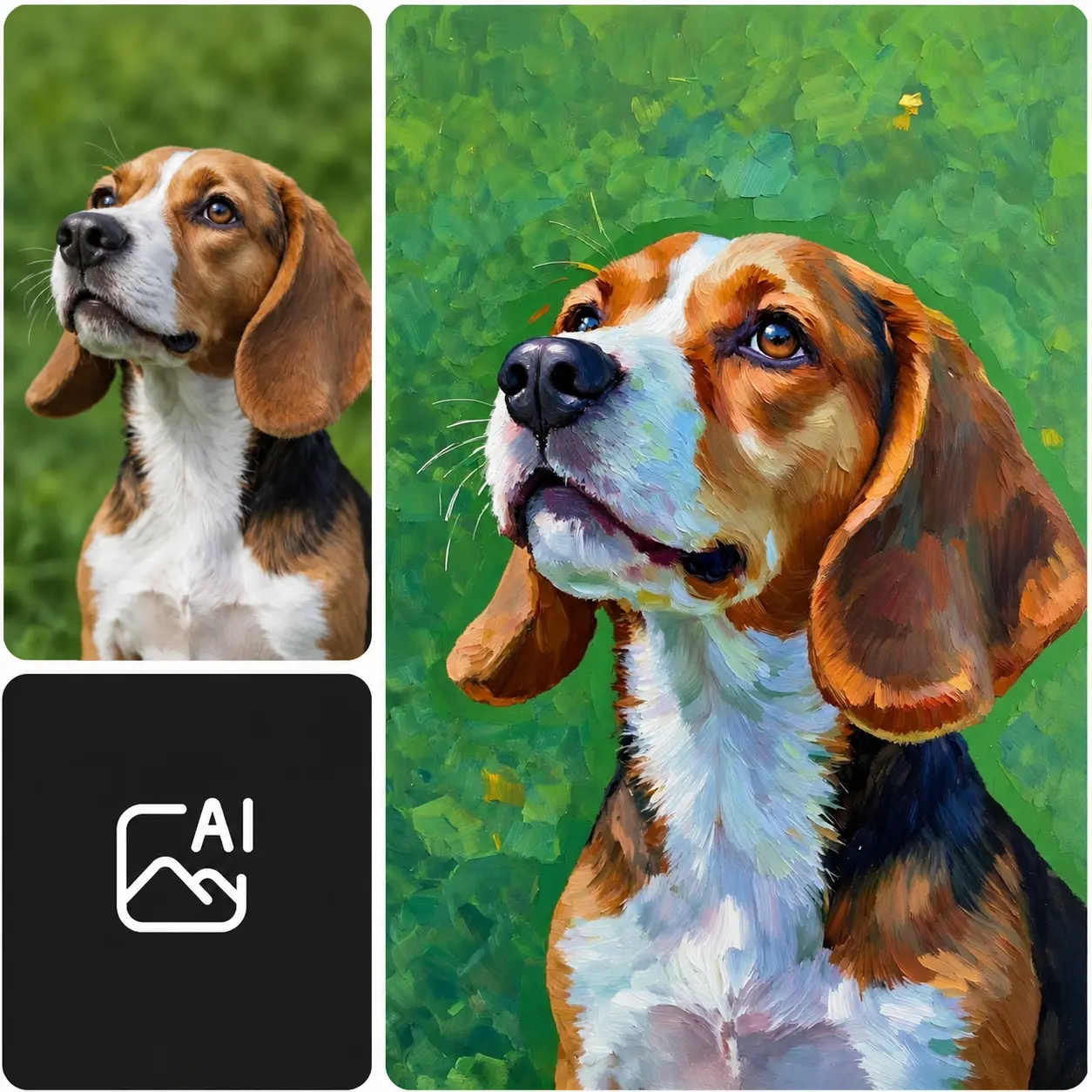 Before-and-after oil painting transformation of a beagle portrait.