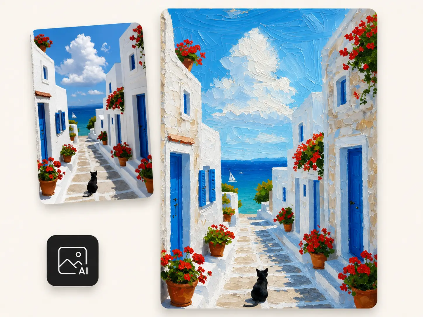Before-and-after painted transformation of a Mediterranean street scene.