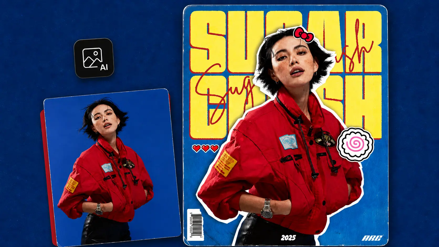 Before-and-after graphic poster transformation of a woman in a red jacket.