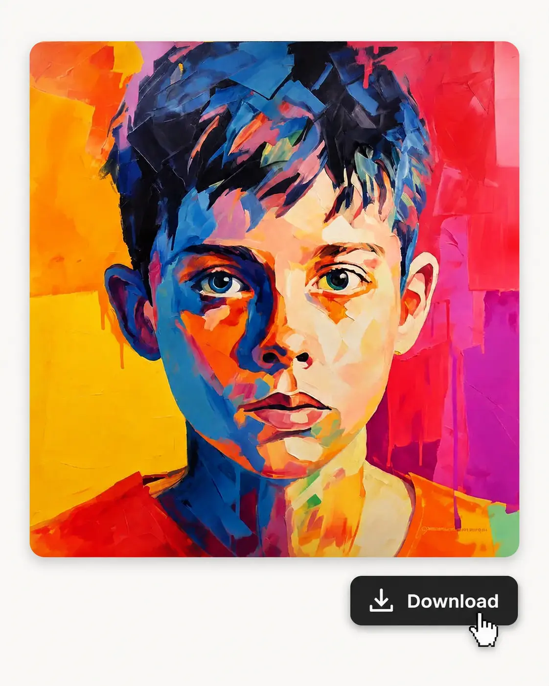 Generated colorful painted portrait with a download button.