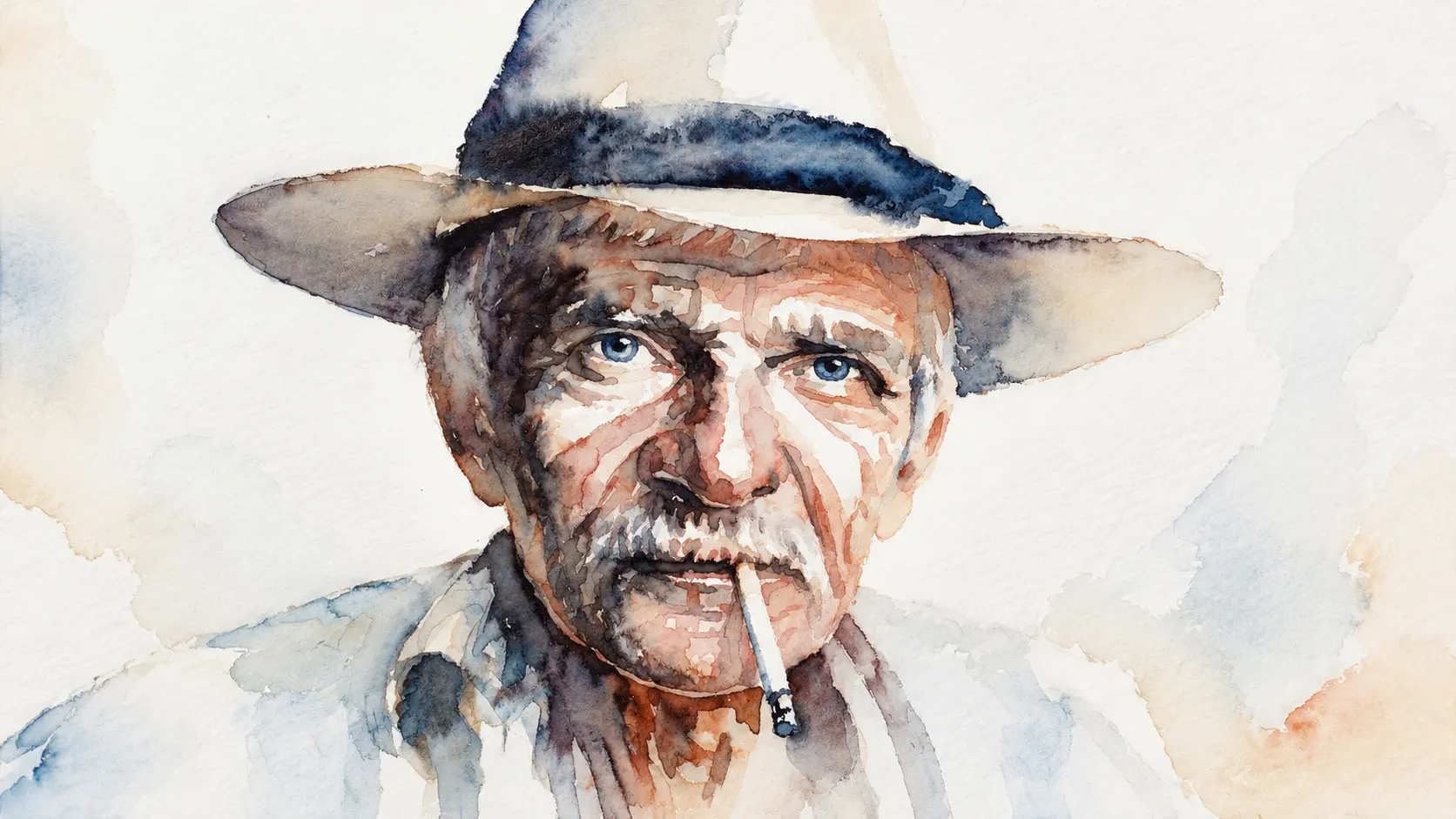 Watercolor portrait of an older man wearing a wide-brimmed hat.