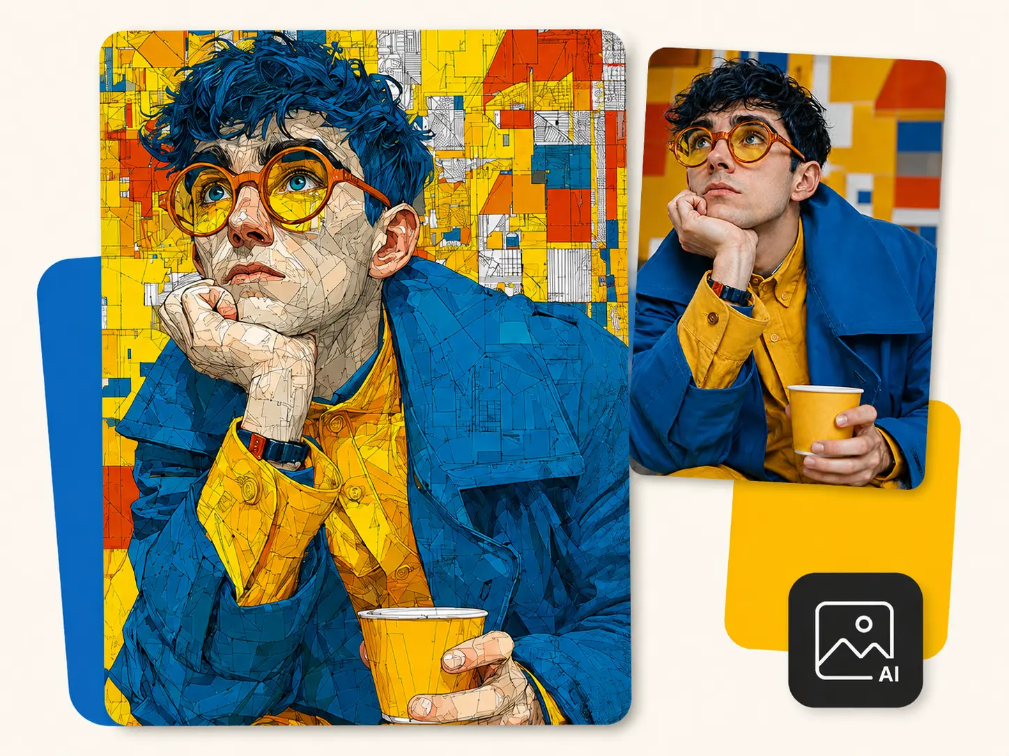 Before-and-after geometric art transformation of a man in blue and yellow clothing.
