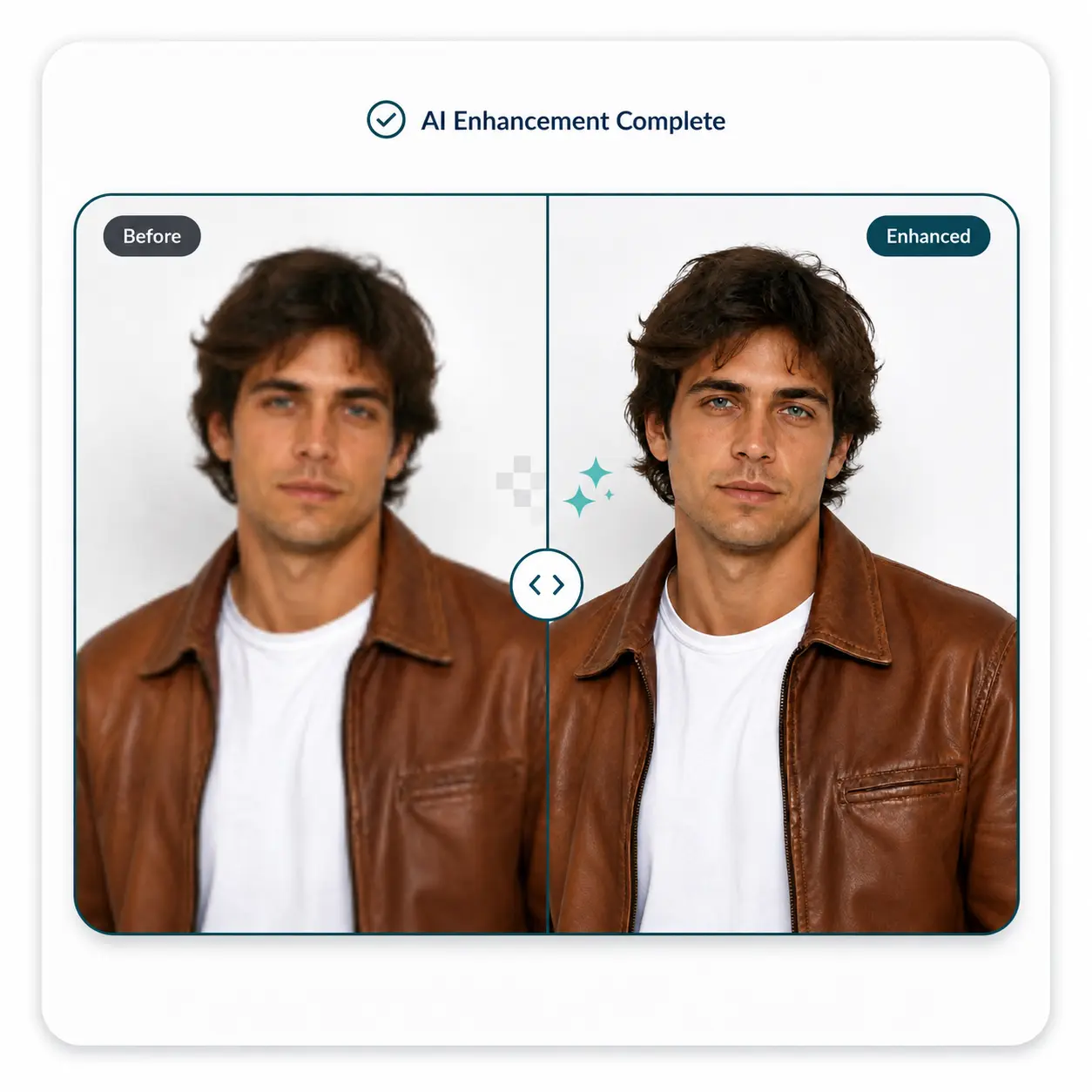 ImageHub enhancement completion screen comparing the original and enhanced portrait.
