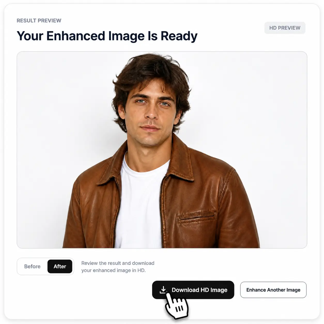 ImageHub result screen with an enhanced portrait ready to download.