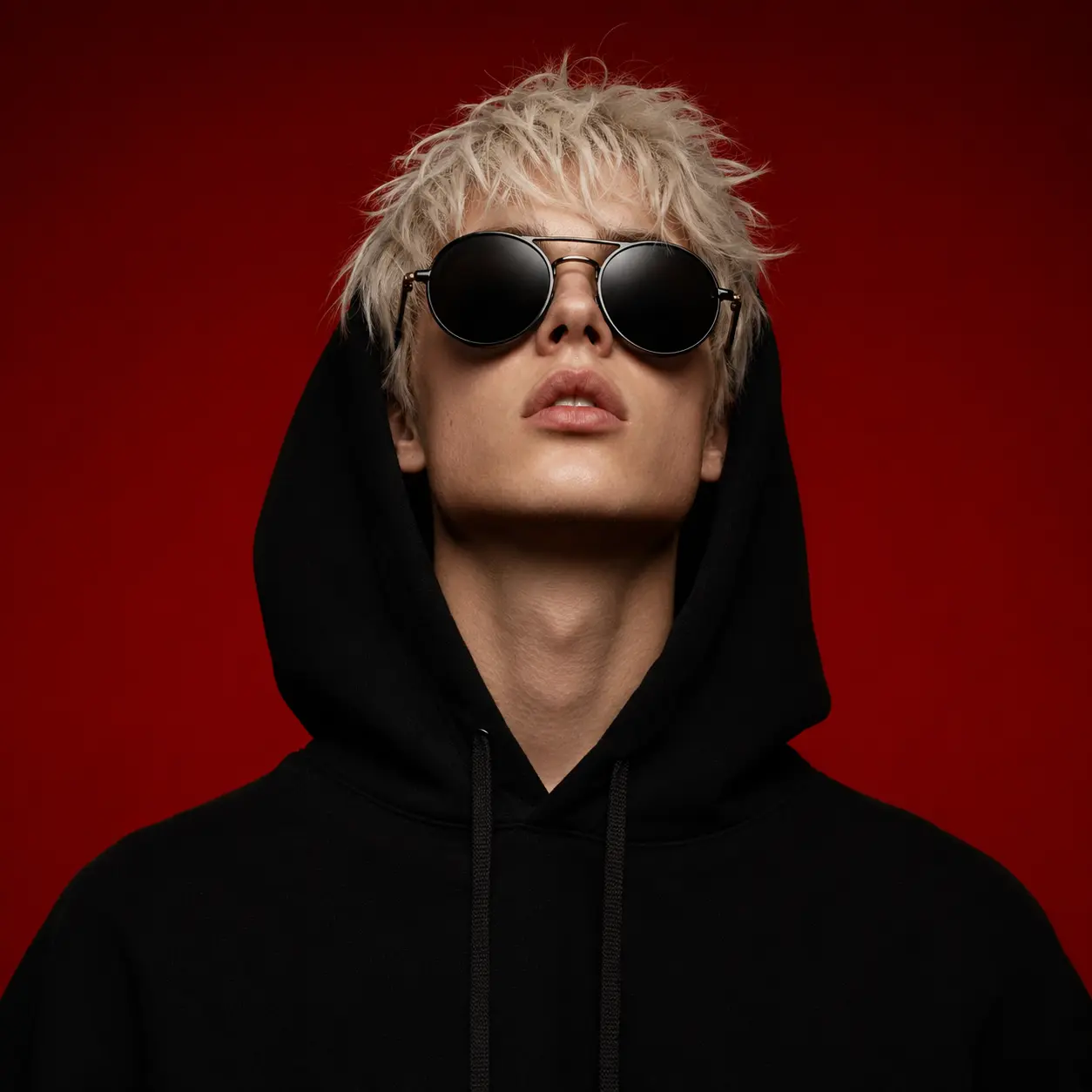 A polished fashion portrait against a red background.