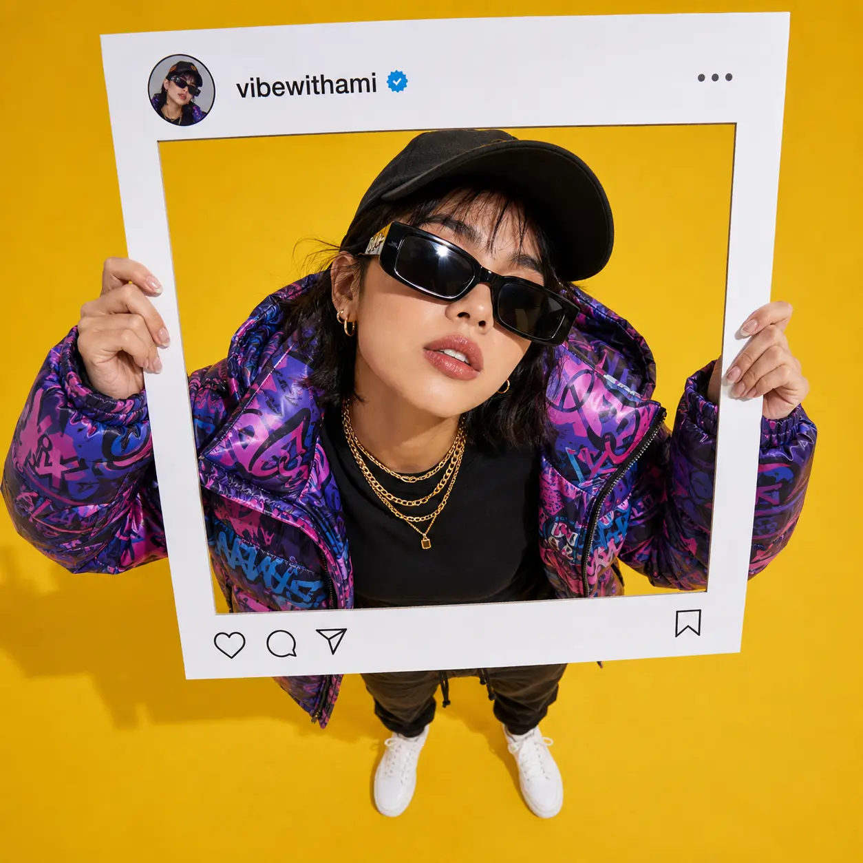 A polished social media creator image in a yellow post frame.