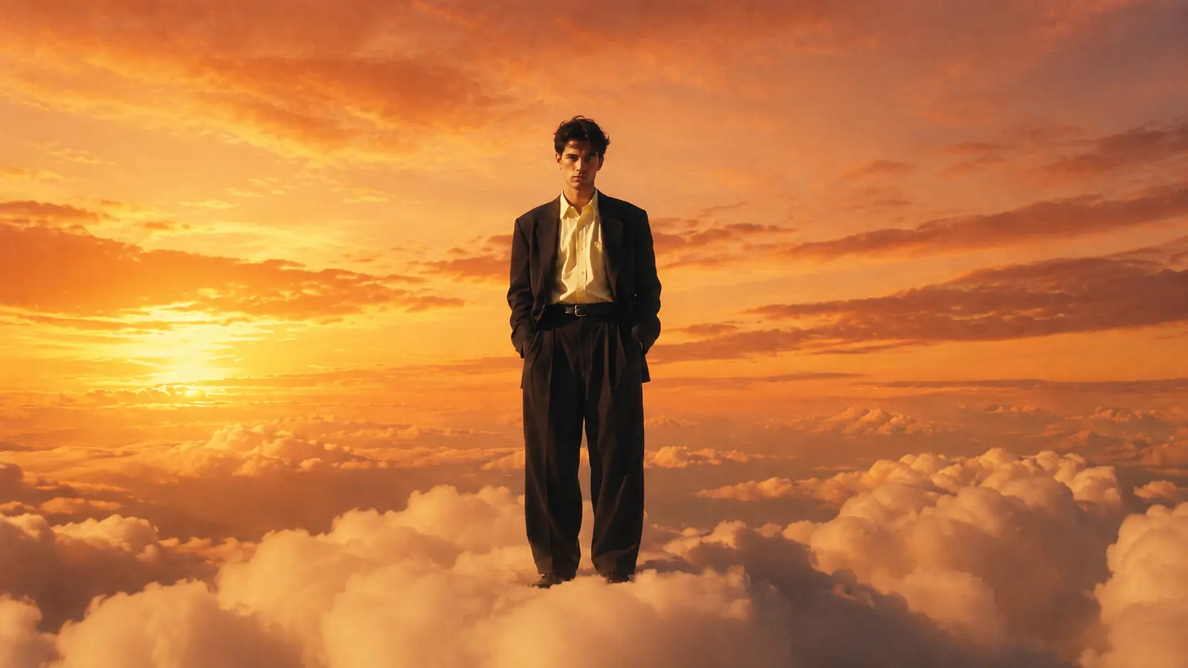 Portrait above the clouds after ImageHub changes the sky to a warm sunset.