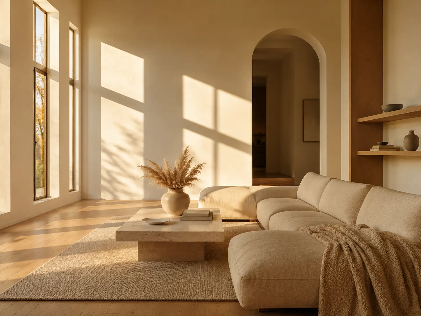 Sunlit living room scene generated as a finished interior concept.