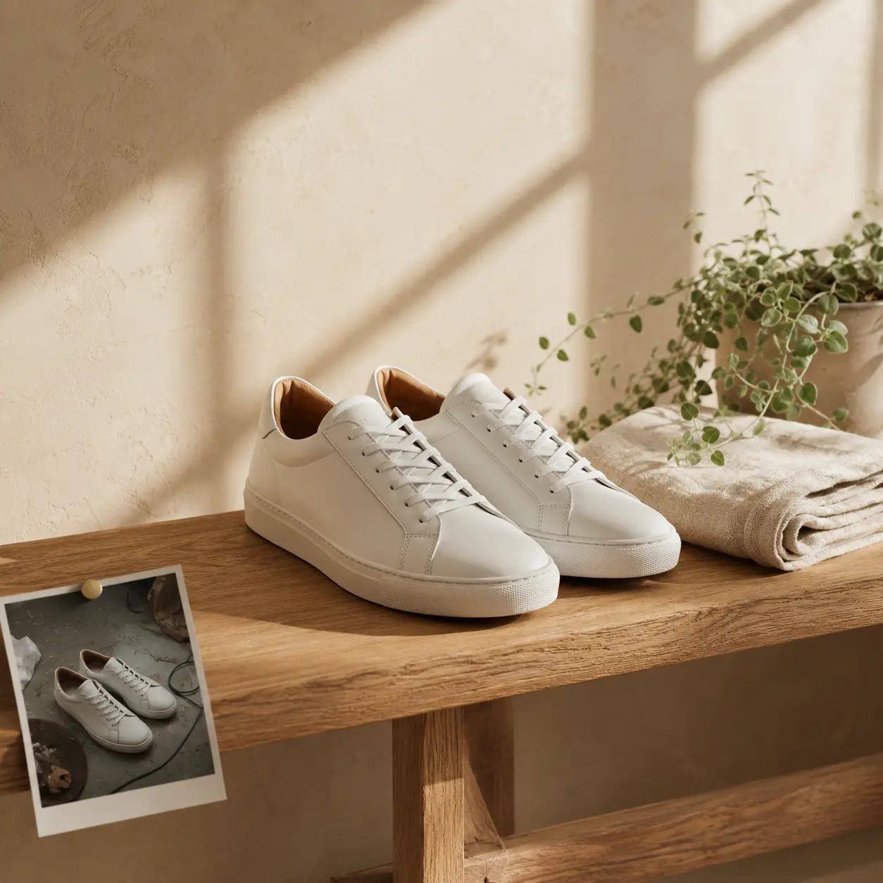 White sneakers staged as a polished product listing image.