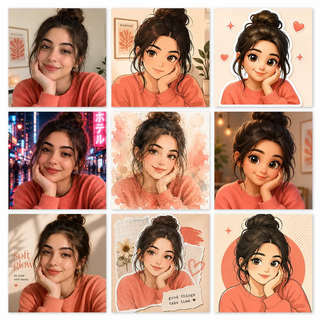 Portrait variations showing real, anime, watercolor, and avatar styles.