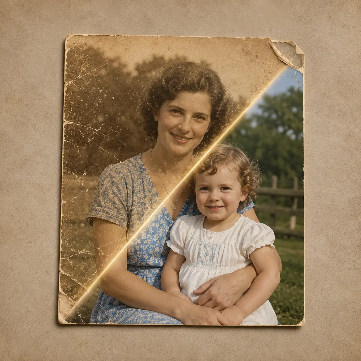 Old family photo shown before and after restoration.
