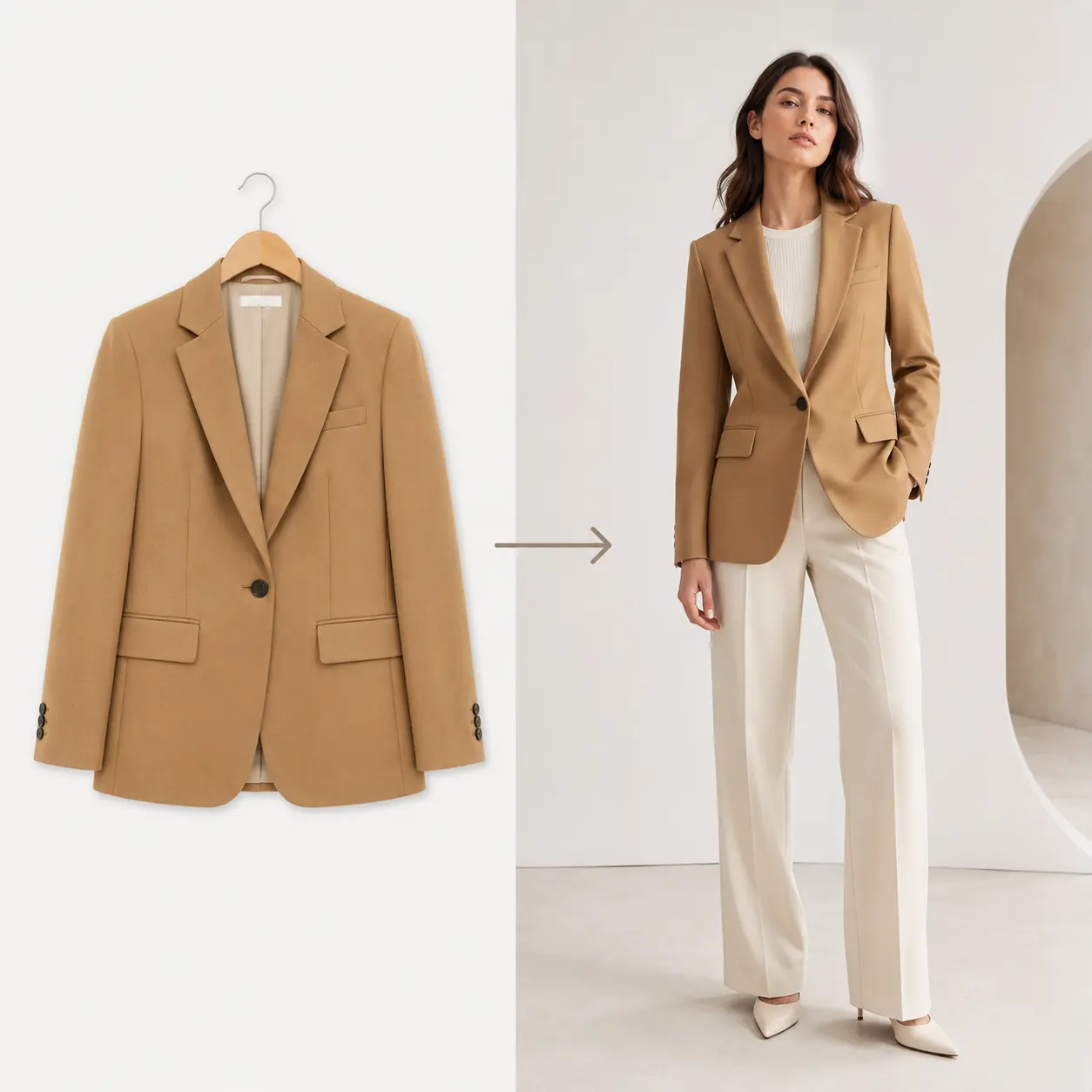 Tan blazer shown on a hanger and as a styled outfit on a model.