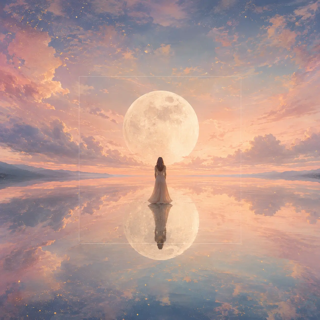 Dreamlike generated scene with a figure facing a large moon over reflective water.