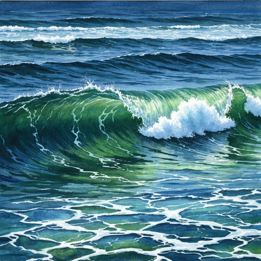 AI generated: Peaceful ocean waves crashing on beach, soft watercolor painting