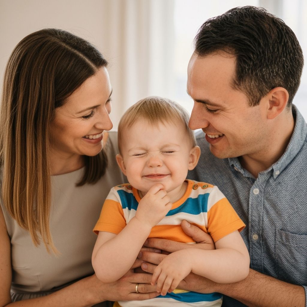 Family portrait with child blinking before AI photo editor fix closed eyes