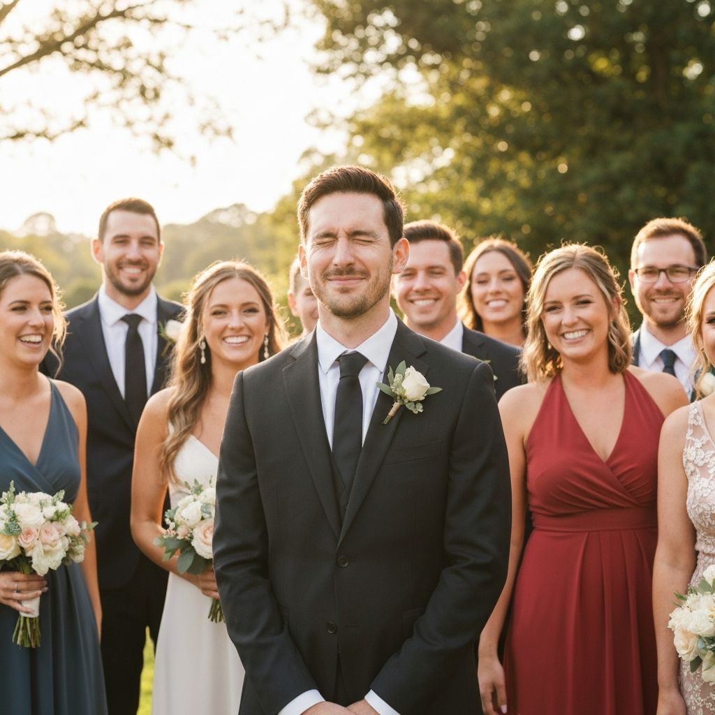Wedding group photo with groom's eyes closed before using AI to fix blinking eyes