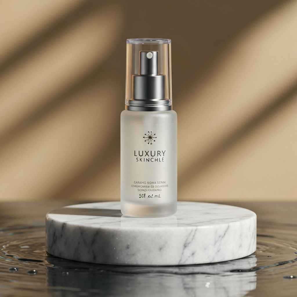 High-converting product photo of a serum bottle on a marble podium with water reflections generated by AI