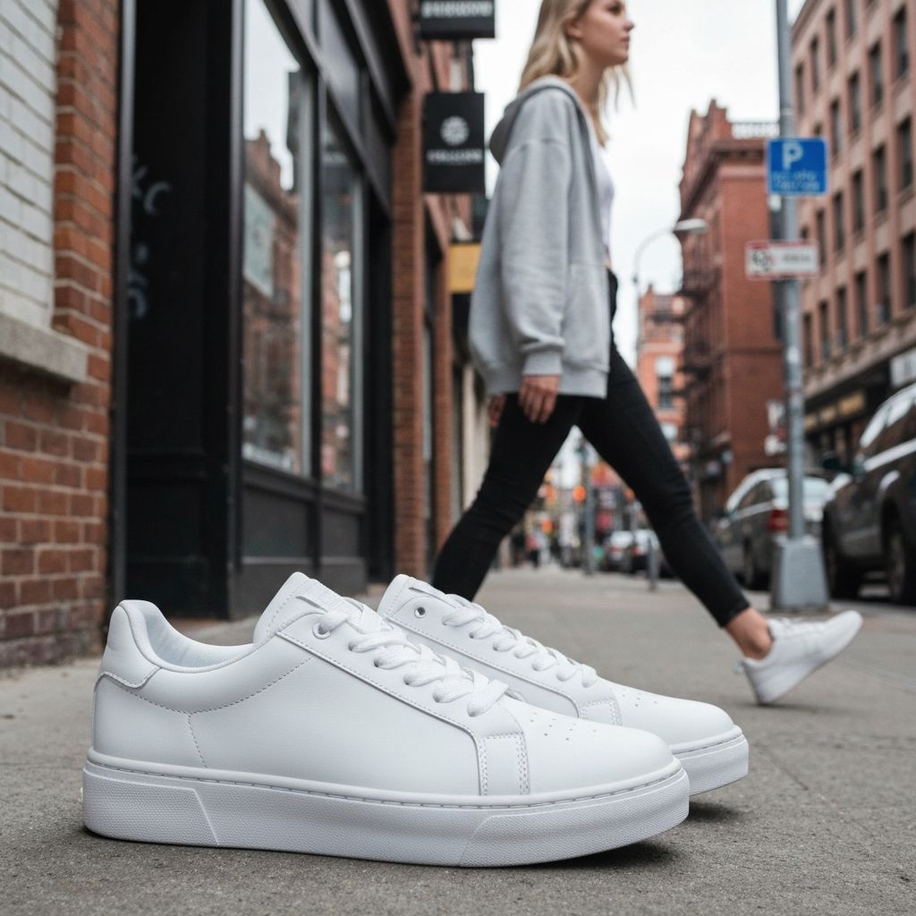 AI product photography example showing white sneakers on a busy city street background