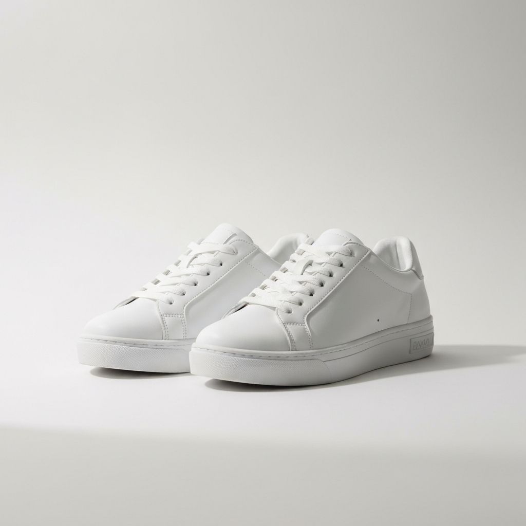 Plain white sneakers on white background before AI product photography