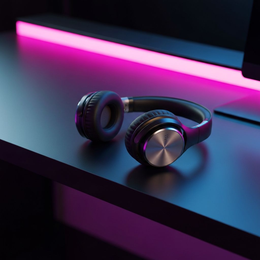 Professional AI product photography for headphones on a sleek neon-lit desk